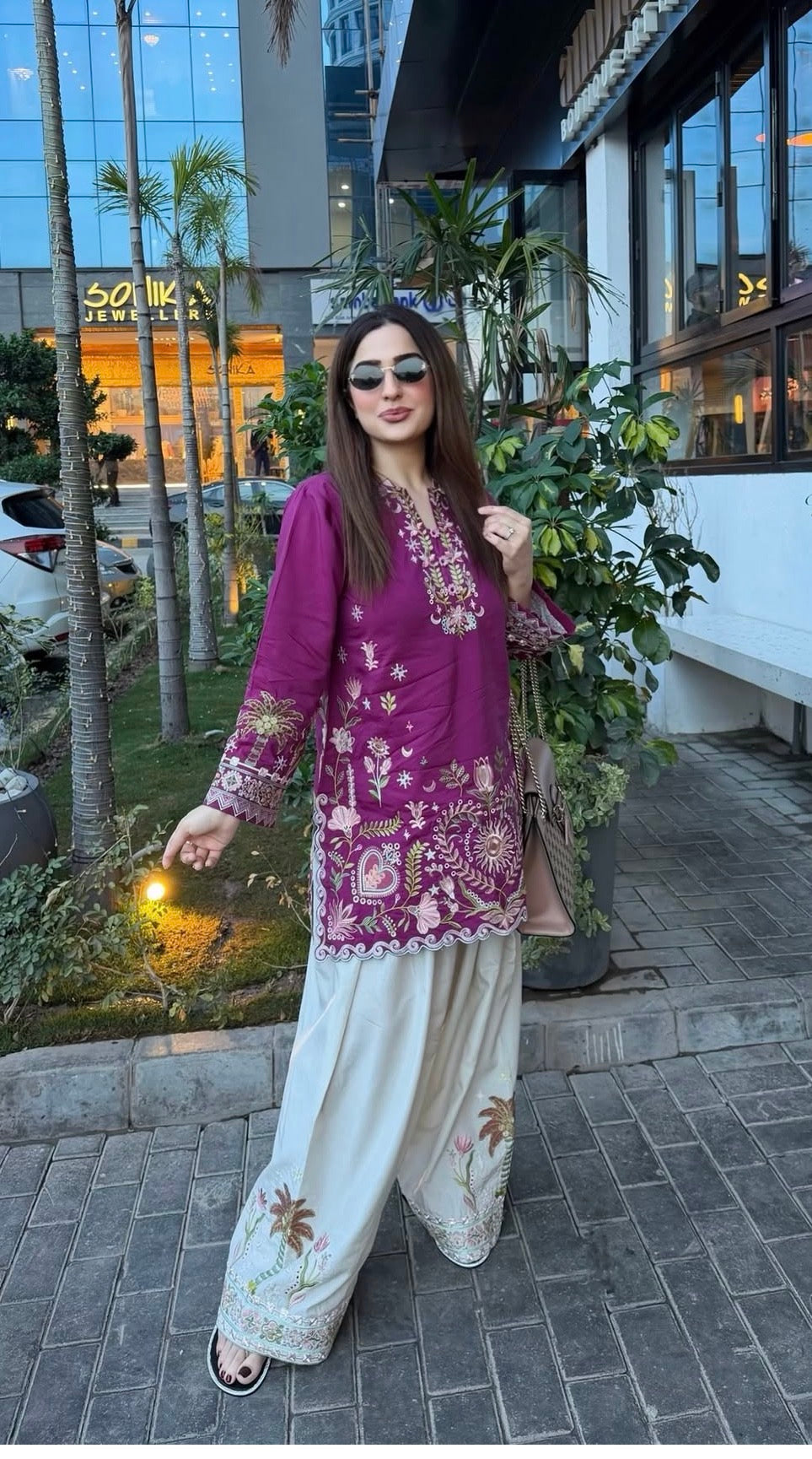 Premium Magenta Embroidered Kurta with Farsi Set