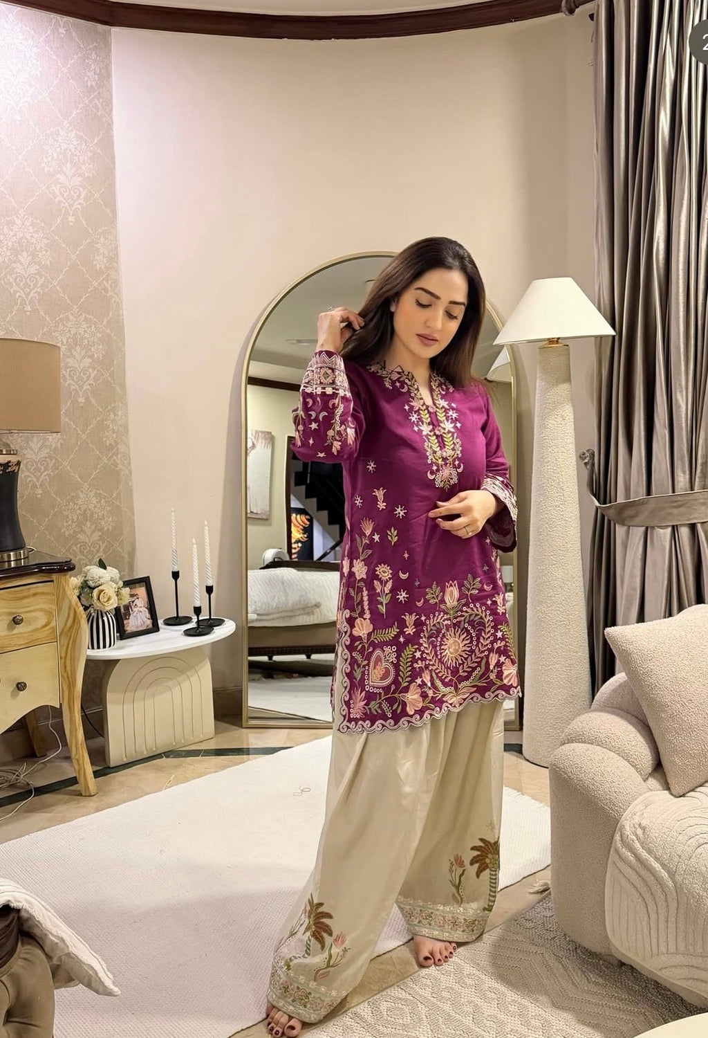 Premium Magenta Embroidered Kurta with Farsi Set