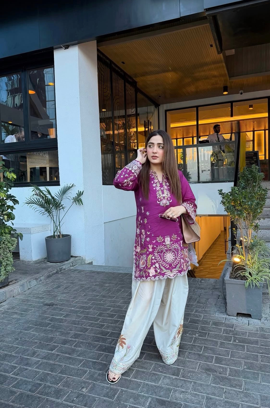 Premium Magenta Embroidered Kurta with Farsi Set