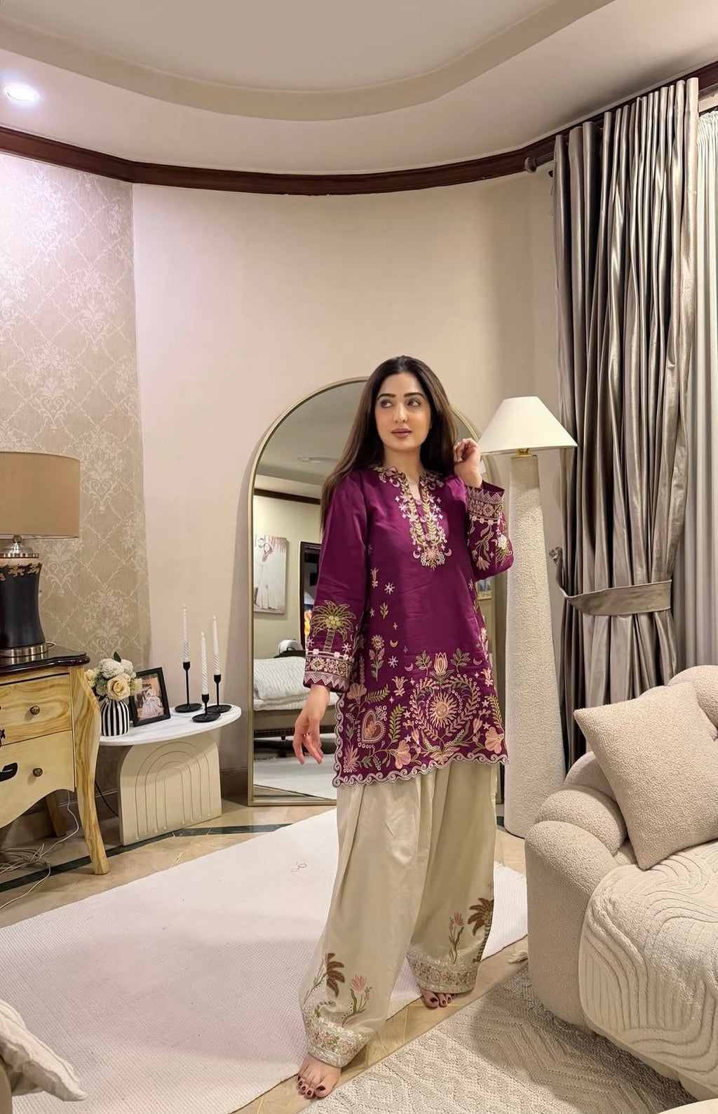 Premium Magenta Embroidered Kurta with Farsi Set