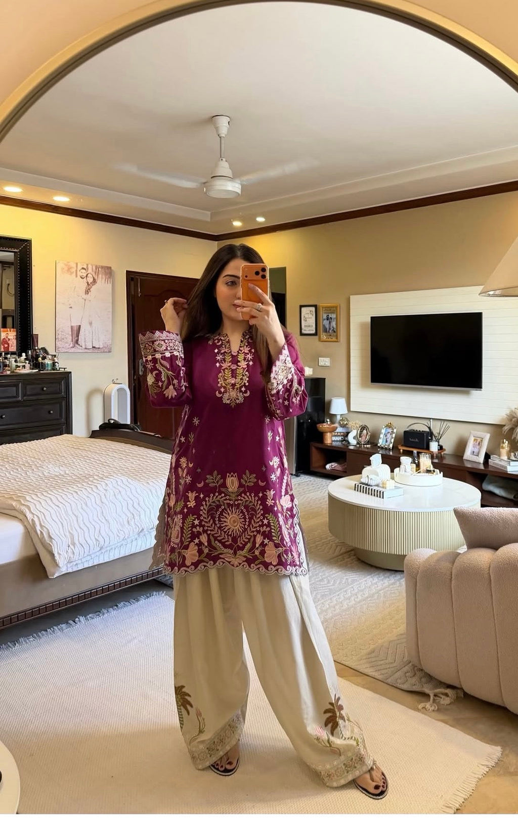 Premium Magenta Embroidered Kurta with Farsi Set