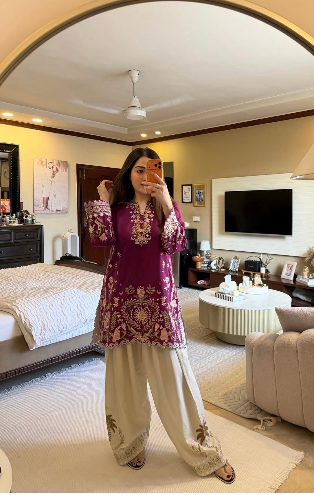 Premium Magenta Embroidered Kurta with Farsi Set