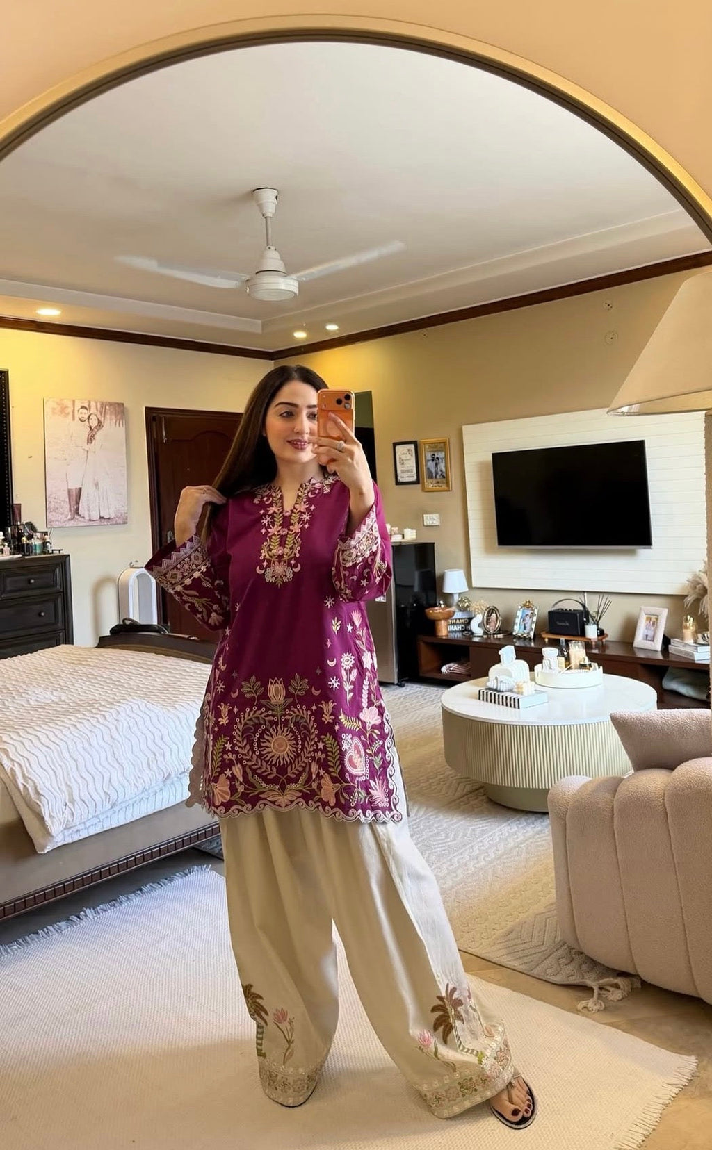 Premium Magenta Embroidered Kurta with Farsi Set