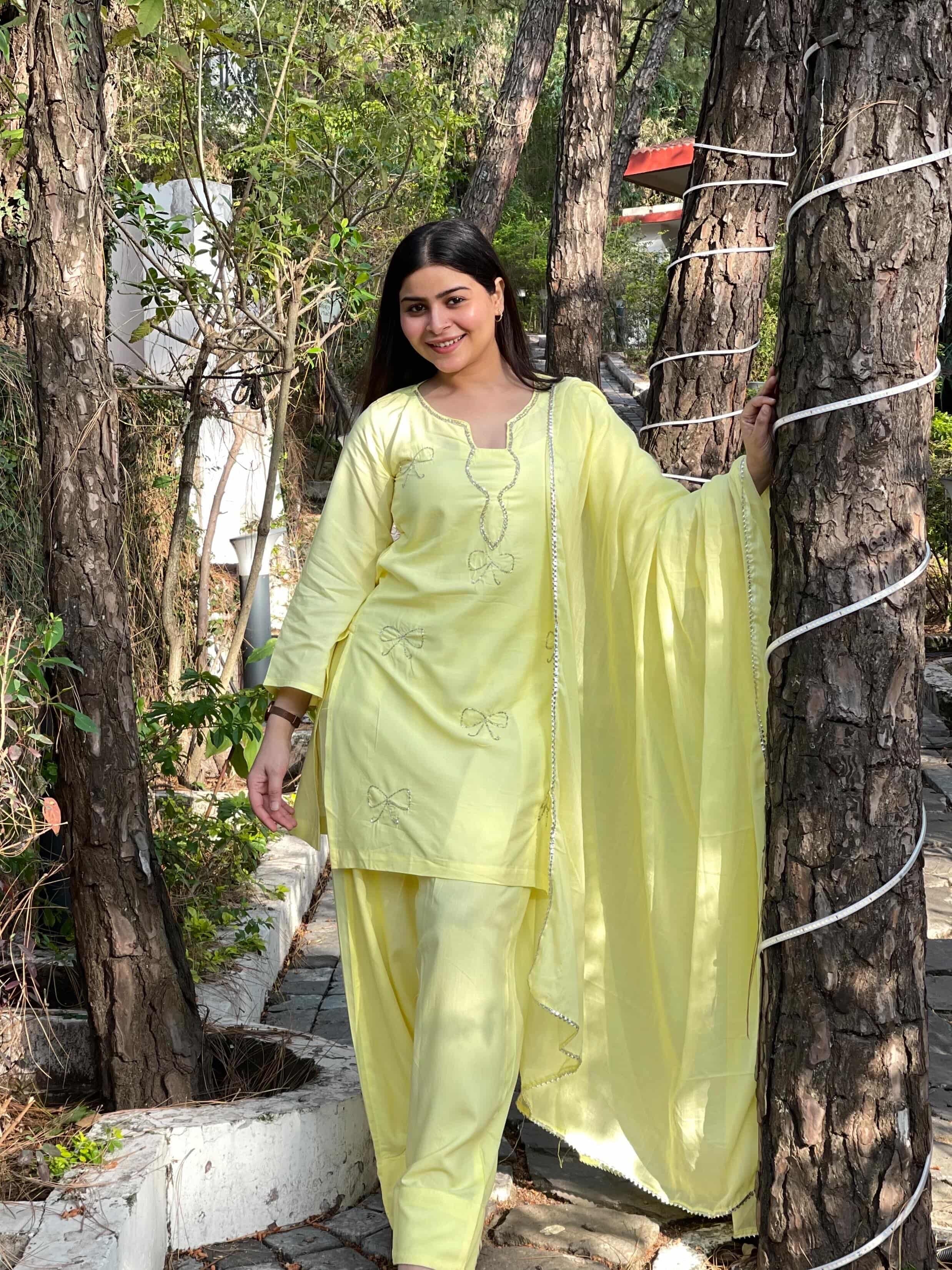 Lemon Yellow Embroidered Farsi Suit Set with Dupatta