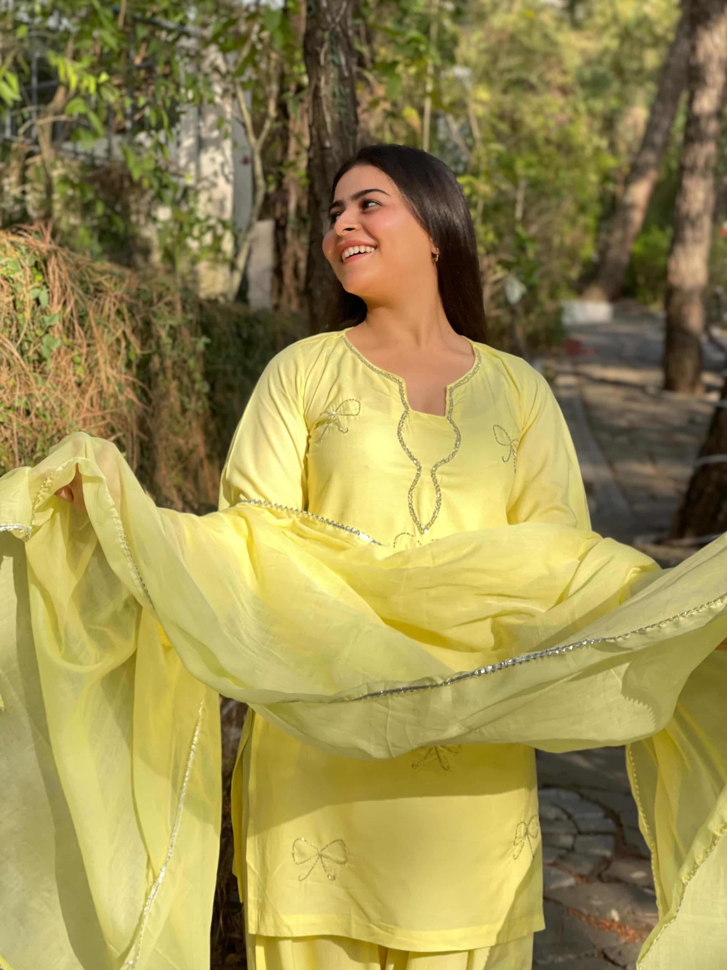 Lemon Yellow Embroidered Farsi Suit Set with Dupatta