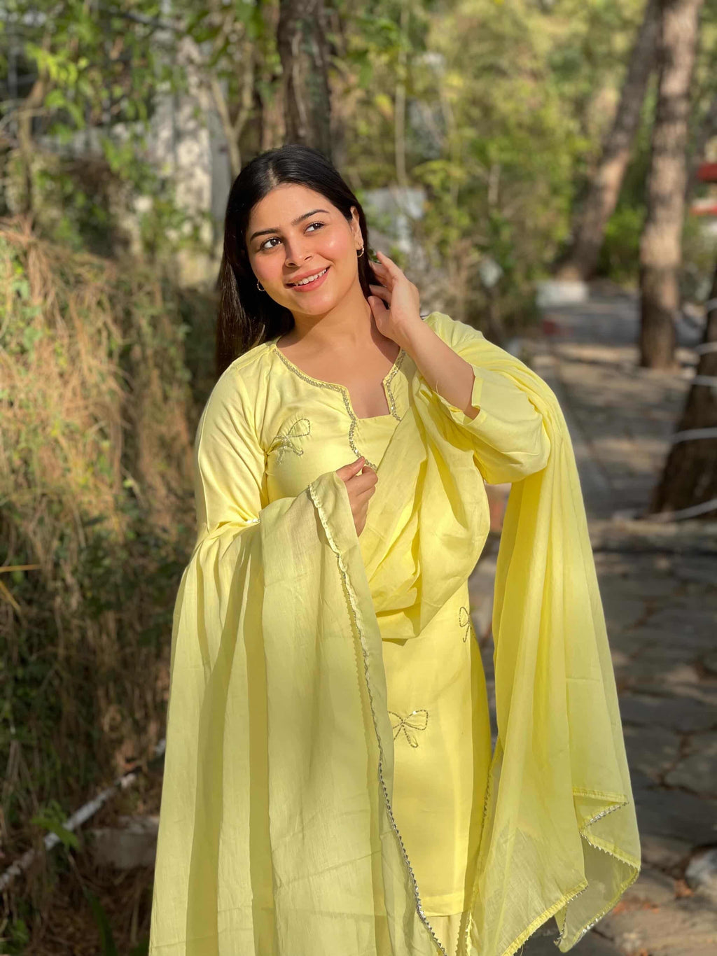 Lemon Yellow Embroidered Farsi Suit Set with Dupatta