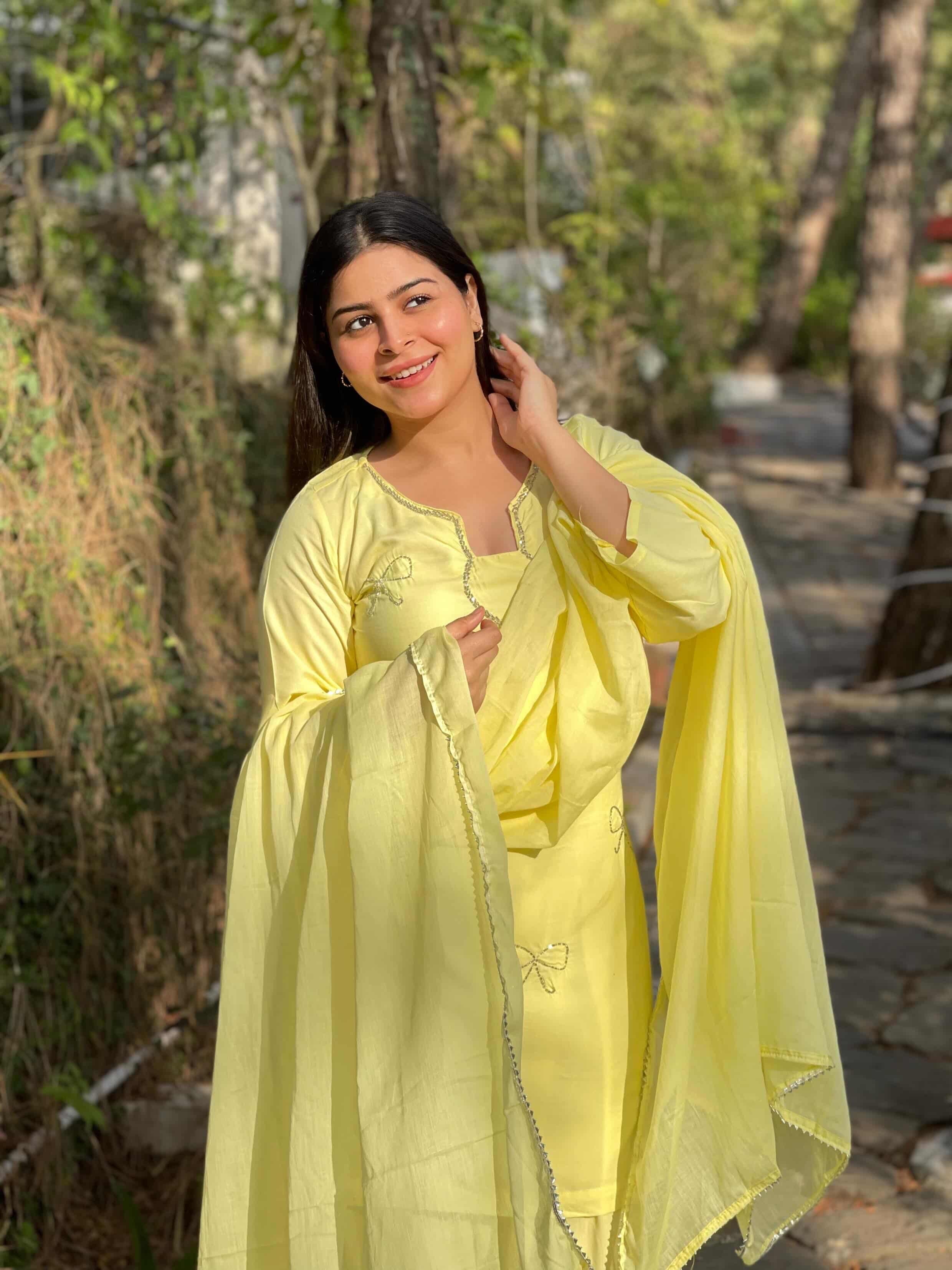 Lemon Yellow Embroidered Farsi Suit Set with Dupatta