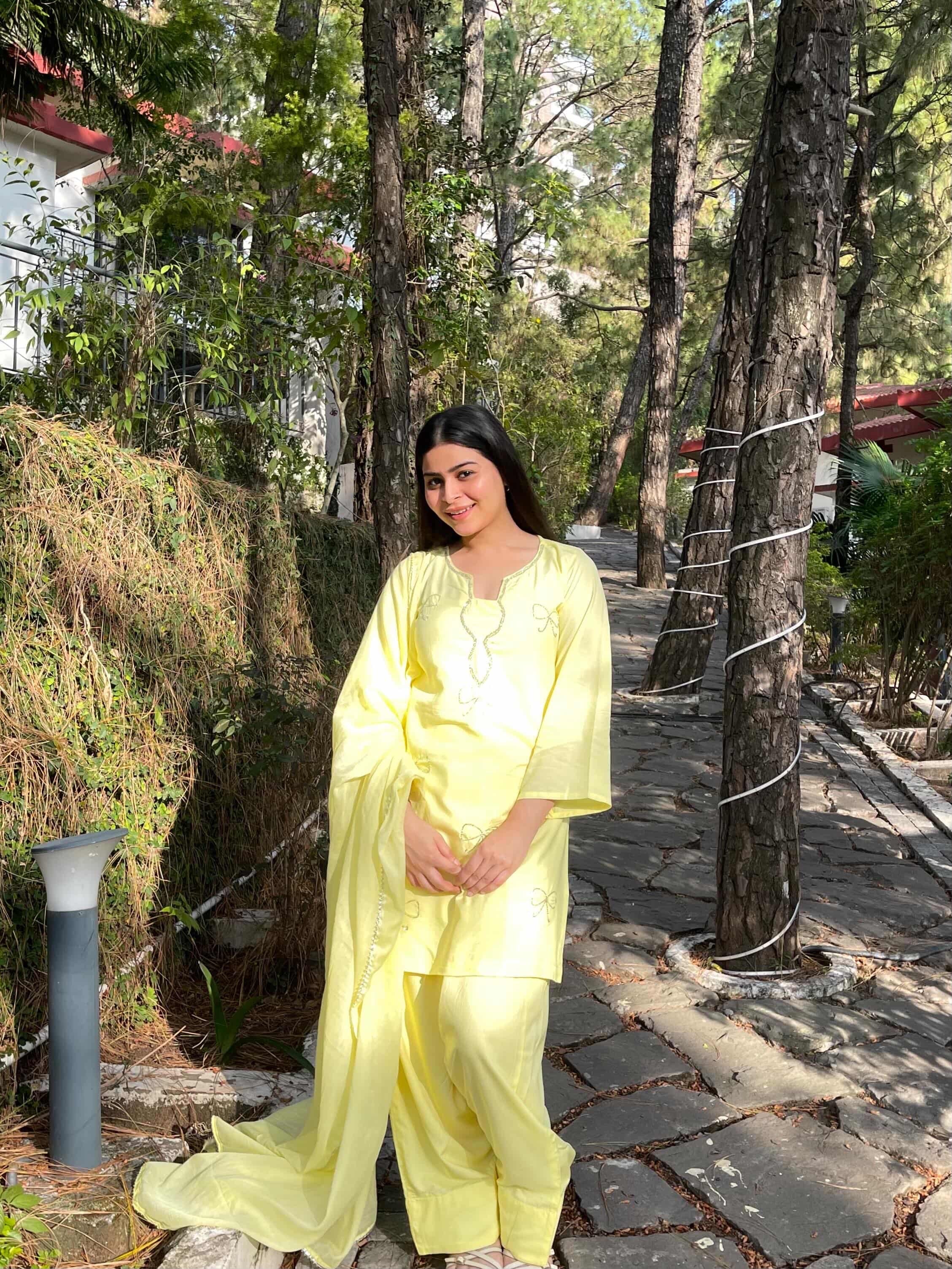 Lemon Yellow Embroidered Farsi Suit Set with Dupatta