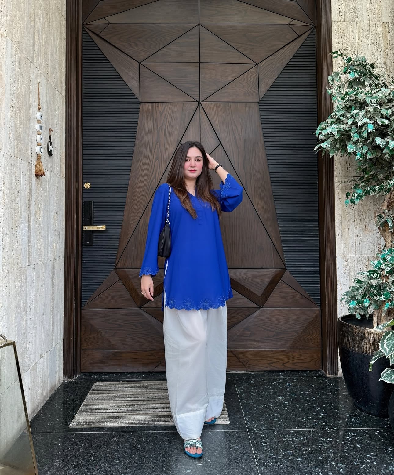 Royal Blue Embroidered Tunic and White Farsi Pants Set