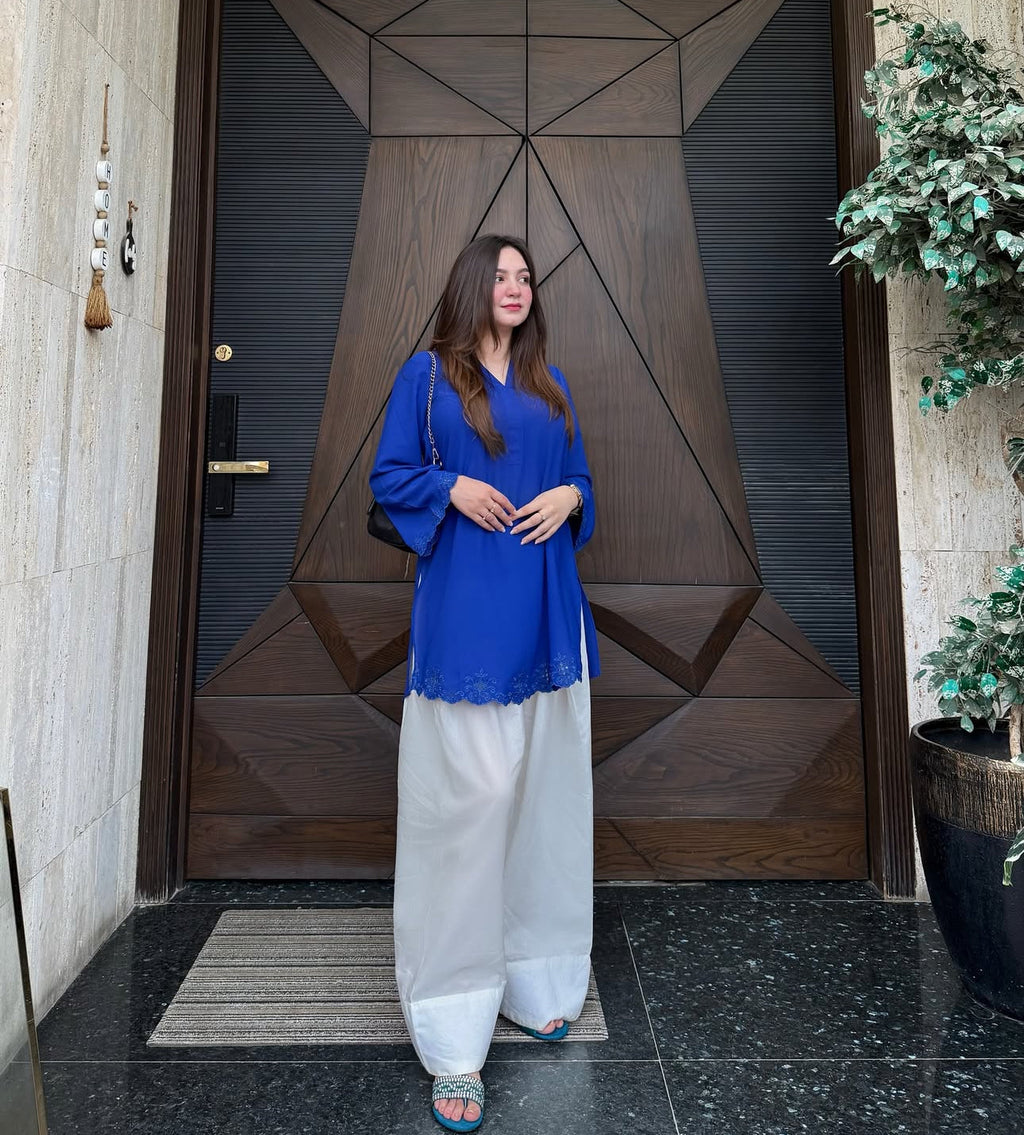 Royal Blue Embroidered Tunic and White Farsi Pants Set