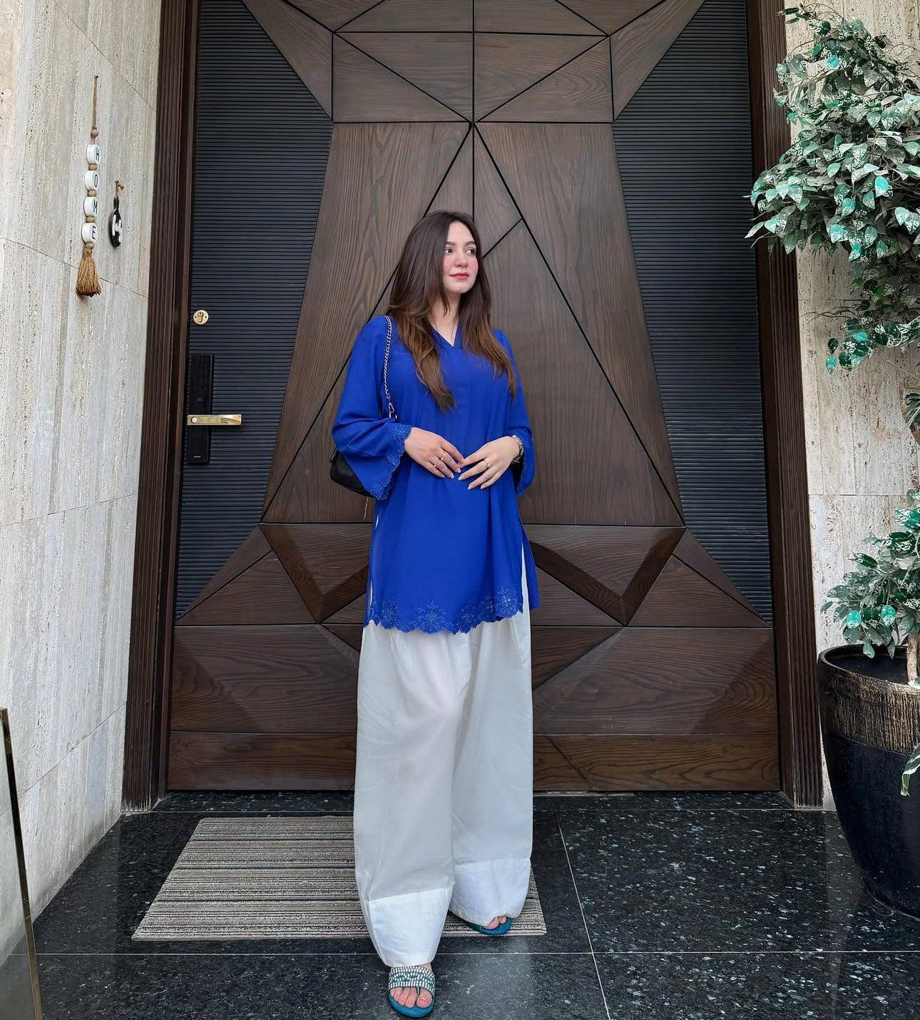 Royal Blue Embroidered Tunic and White Farsi Pants Set