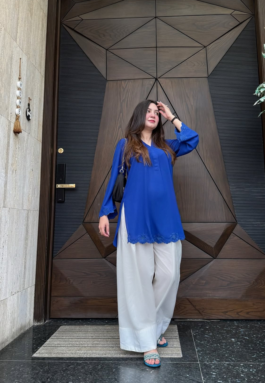 Royal Blue Embroidered Tunic and White Farsi Pants Set