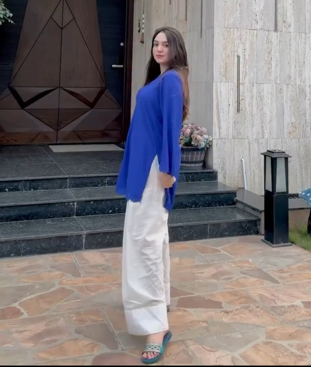 Royal Blue Embroidered Tunic and White Farsi Pants Set