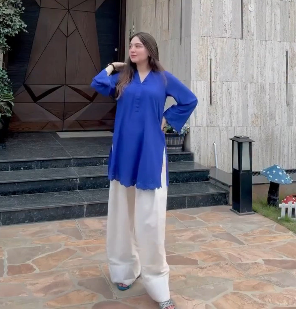 Royal Blue Embroidered Tunic and White Farsi Pants Set