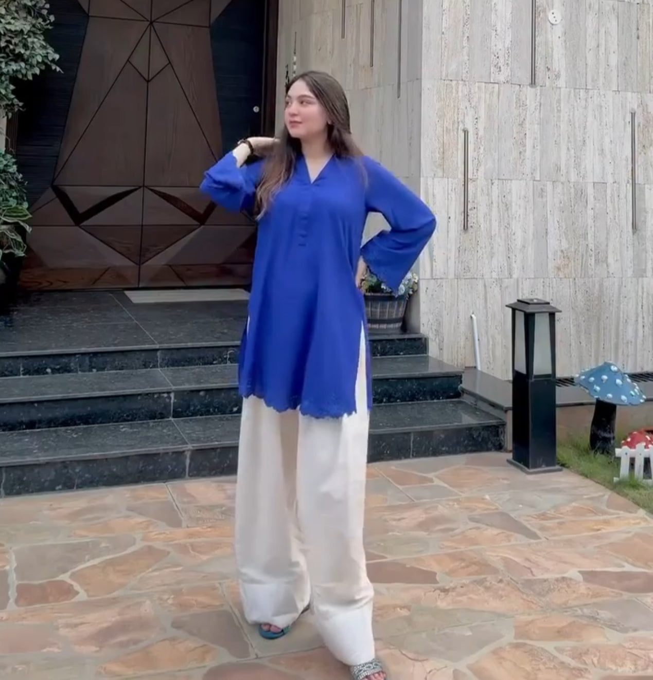 Royal Blue Embroidered Tunic and White Farsi Pants Set