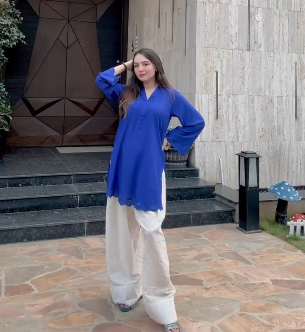 Royal Blue Embroidered Tunic and White Farsi Pants Set