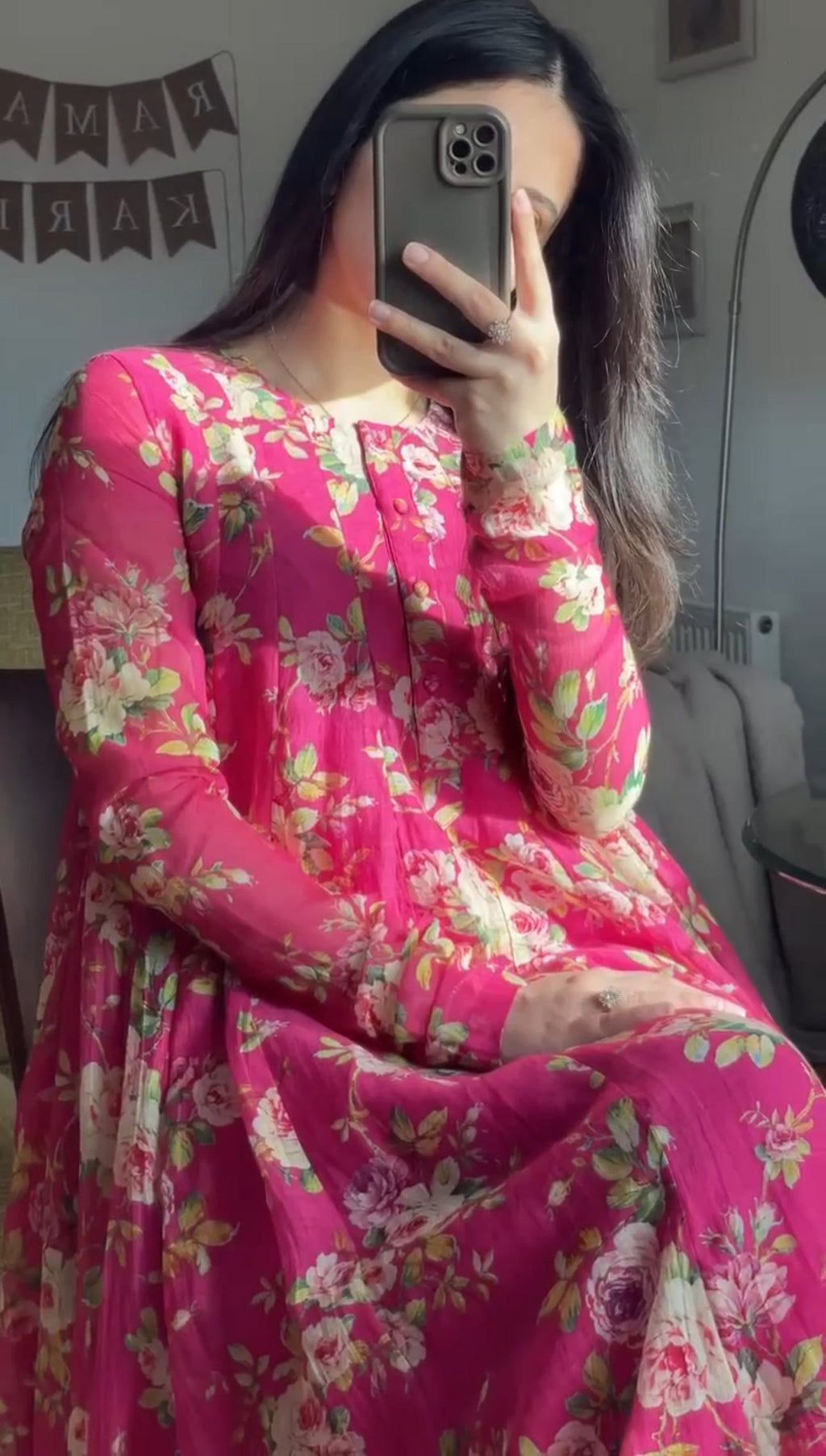 Magenta Floral Hand Screen Printed Anarkali Kurta