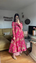 Magenta Floral Hand Screen Printed Anarkali Kurta