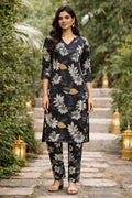 Midnight Floral Poly Cotton Co-ord Kurta Set