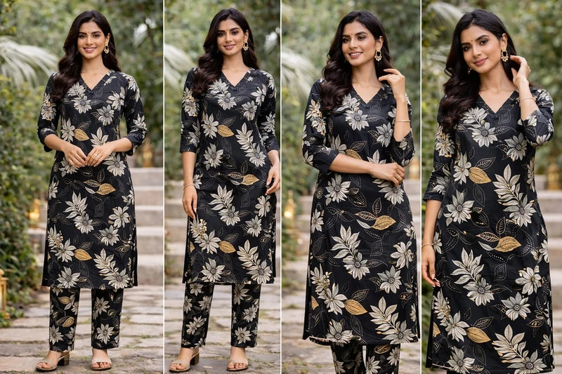 Midnight Floral Poly Cotton Co-ord Kurta Set