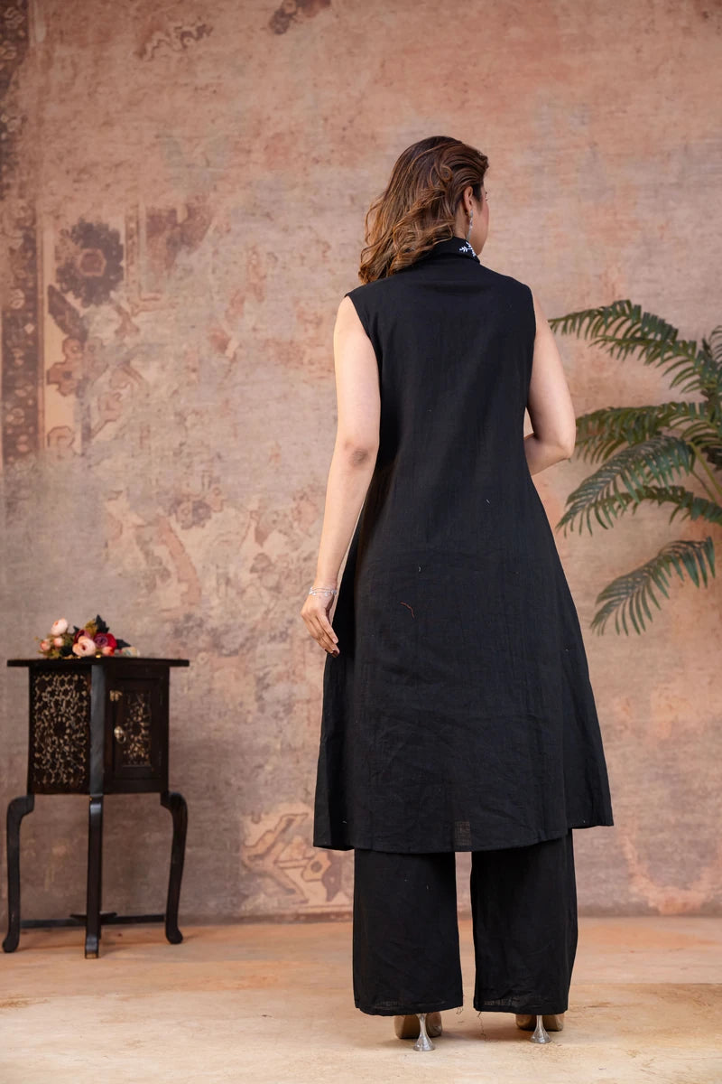 Sleek Black Sleeveless Cotton Kurta and Wide-Leg Pant Co-ord Set