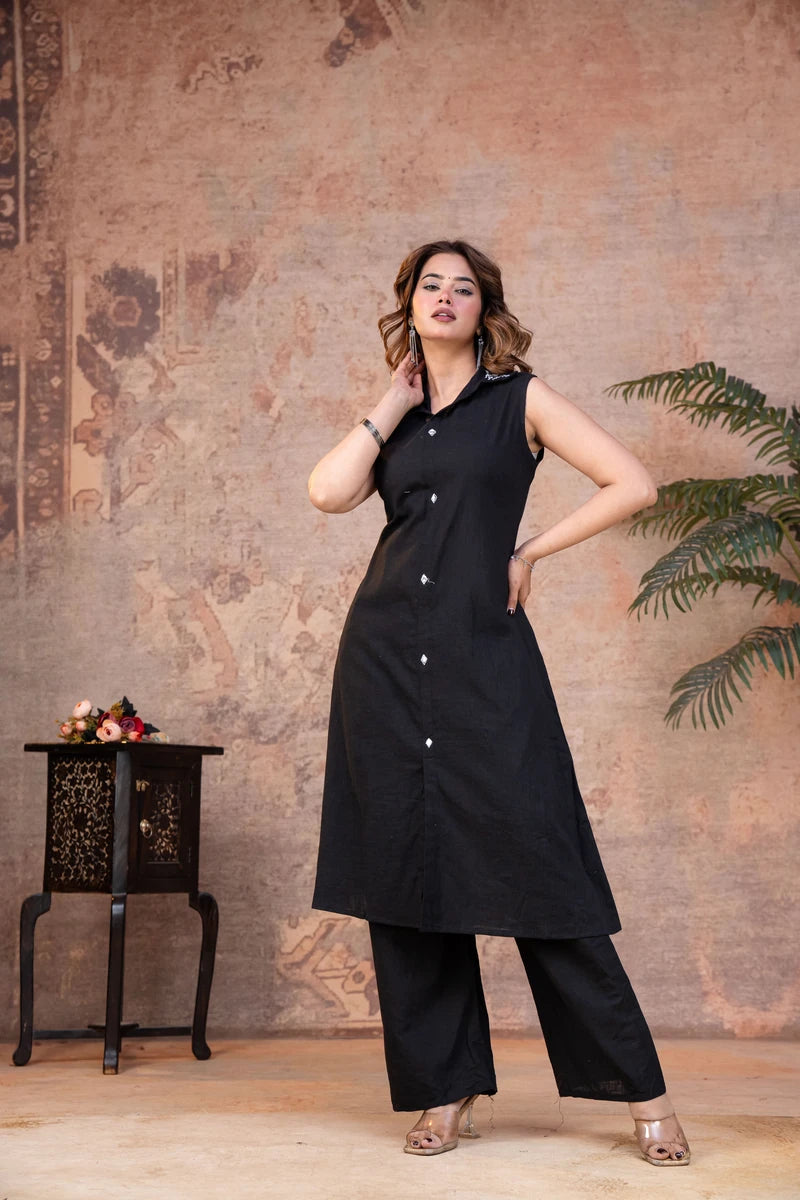 Sleek Black Sleeveless Cotton Kurta and Wide-Leg Pant Co-ord Set