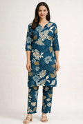 Teal Blue Floral Printed Kurta Pant Set