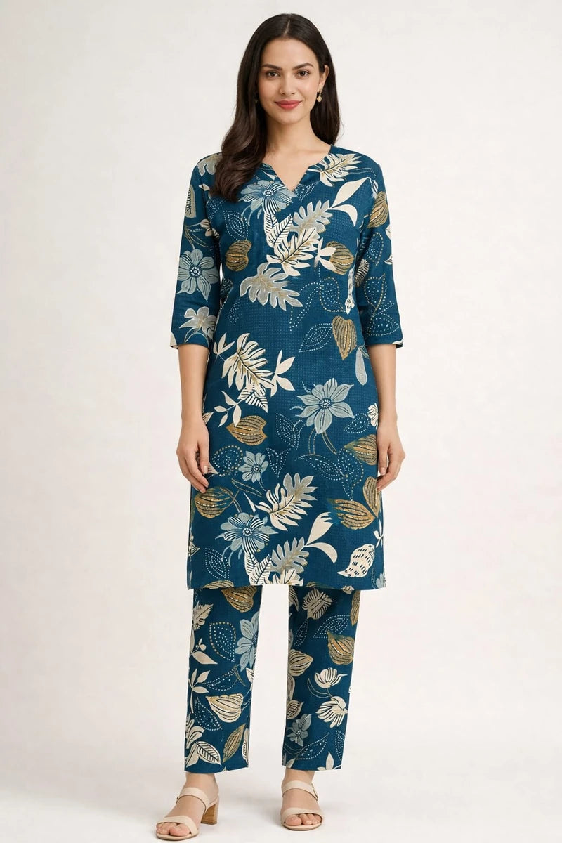 Teal Blue Floral Printed Kurta Pant Set