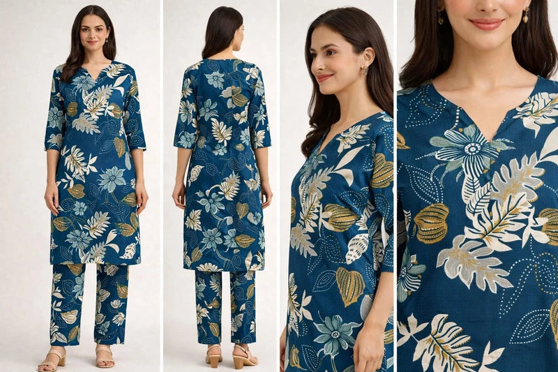 Teal Blue Floral Printed Kurta Pant Set