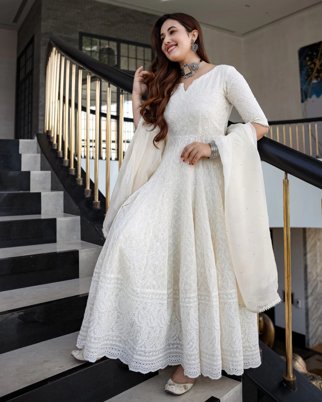 Off-White Chikankari Embroidery work Anarkali Kurta Set with Chanderi Dupatta