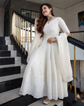 Off-White Chikankari Embroidery work Anarkali Kurta Set with Chanderi Dupatta