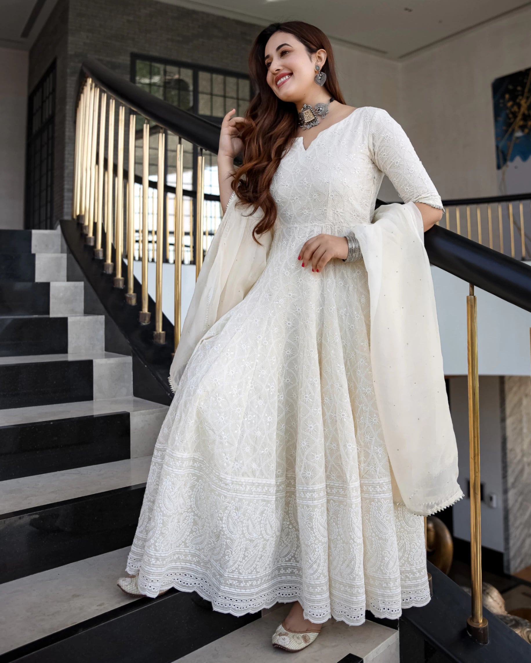Off-White Chikankari Embroidery work Anarkali Kurta Set with Chanderi Dupatta