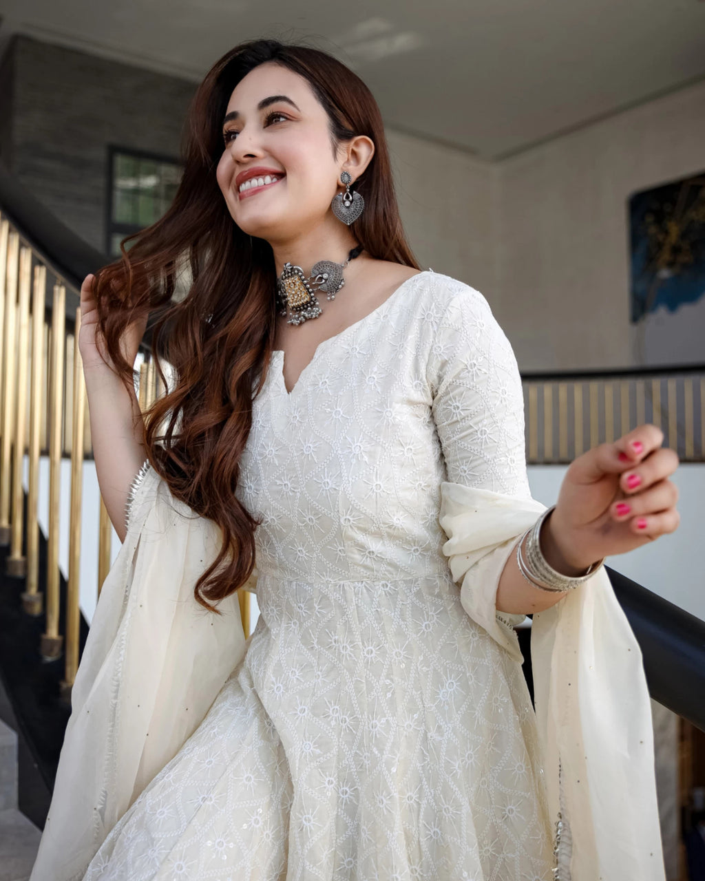 Off-White Chikankari Embroidery work Anarkali Kurta Set with Chanderi Dupatta