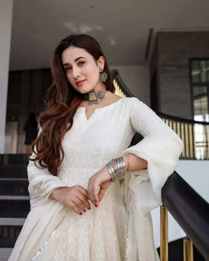 Off-White Chikankari Embroidery work Anarkali Kurta Set with Chanderi Dupatta