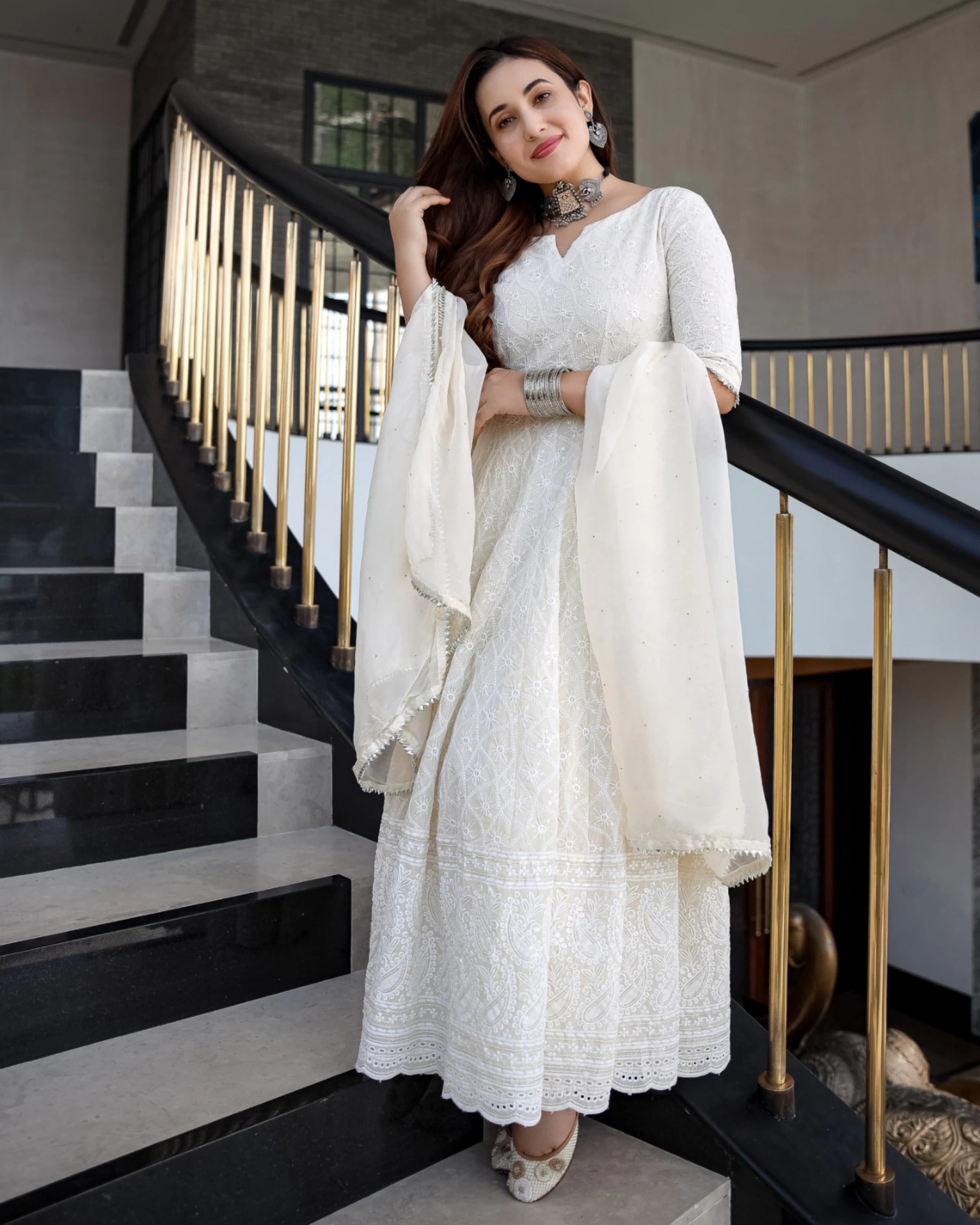 Off-White Chikankari Embroidery work Anarkali Kurta Set with Chanderi Dupatta