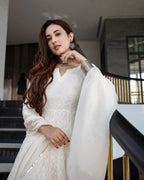 Off-White Chikankari Embroidery work Anarkali Kurta Set with Chanderi Dupatta