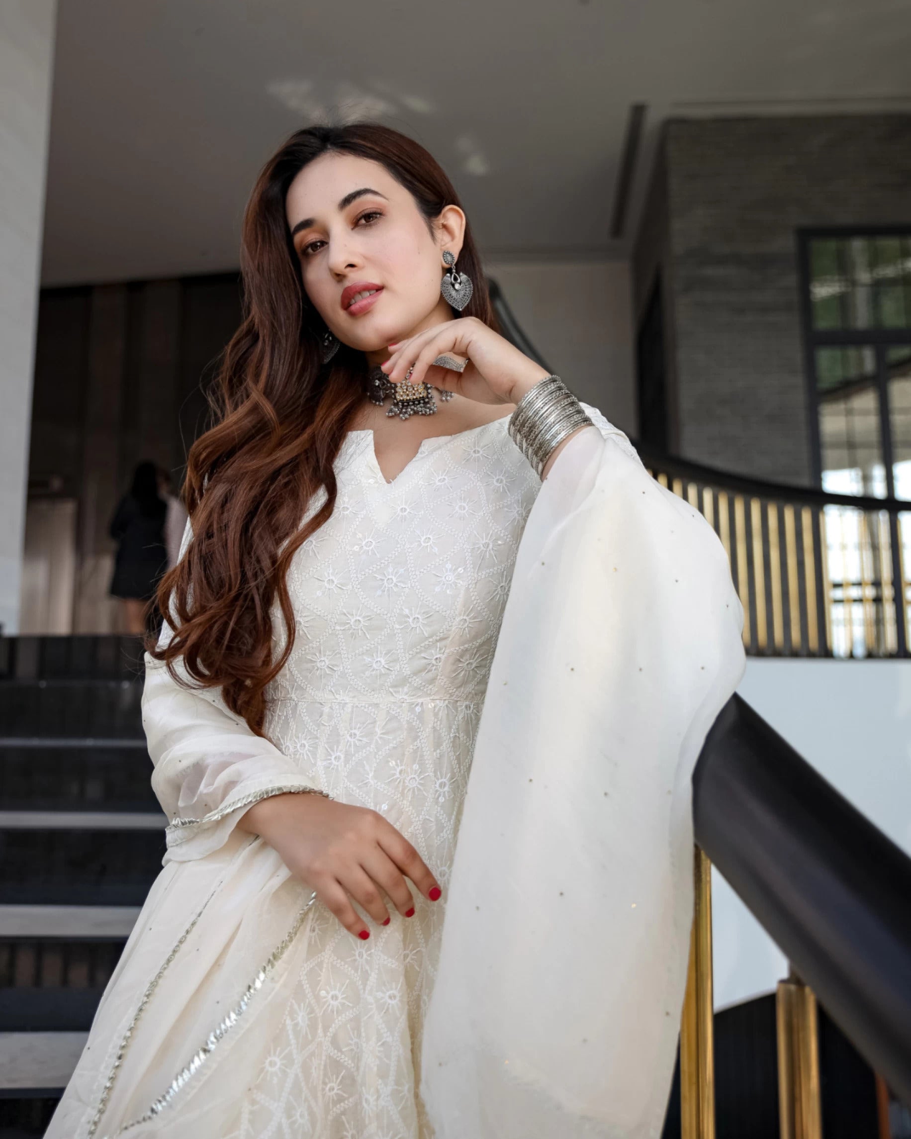 Off-White Chikankari Embroidery work Anarkali Kurta Set with Chanderi Dupatta
