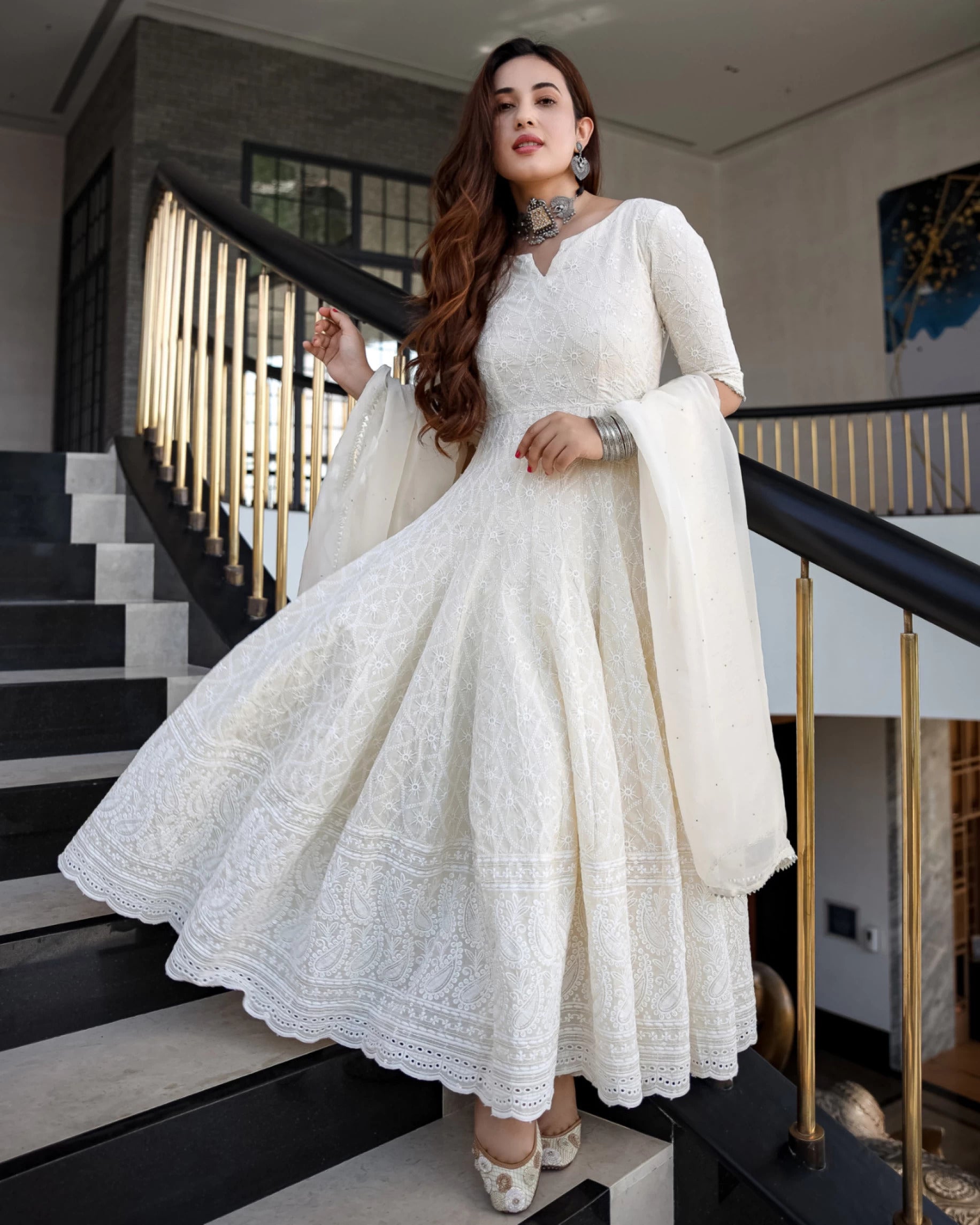 Off-White Chikankari Embroidery work Anarkali Kurta Set with Chanderi Dupatta