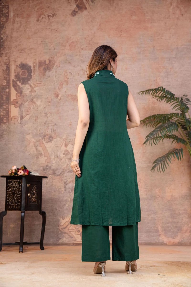 Emerald Green Cotton Sleeveless Co-ord Set with Embroidered Collar