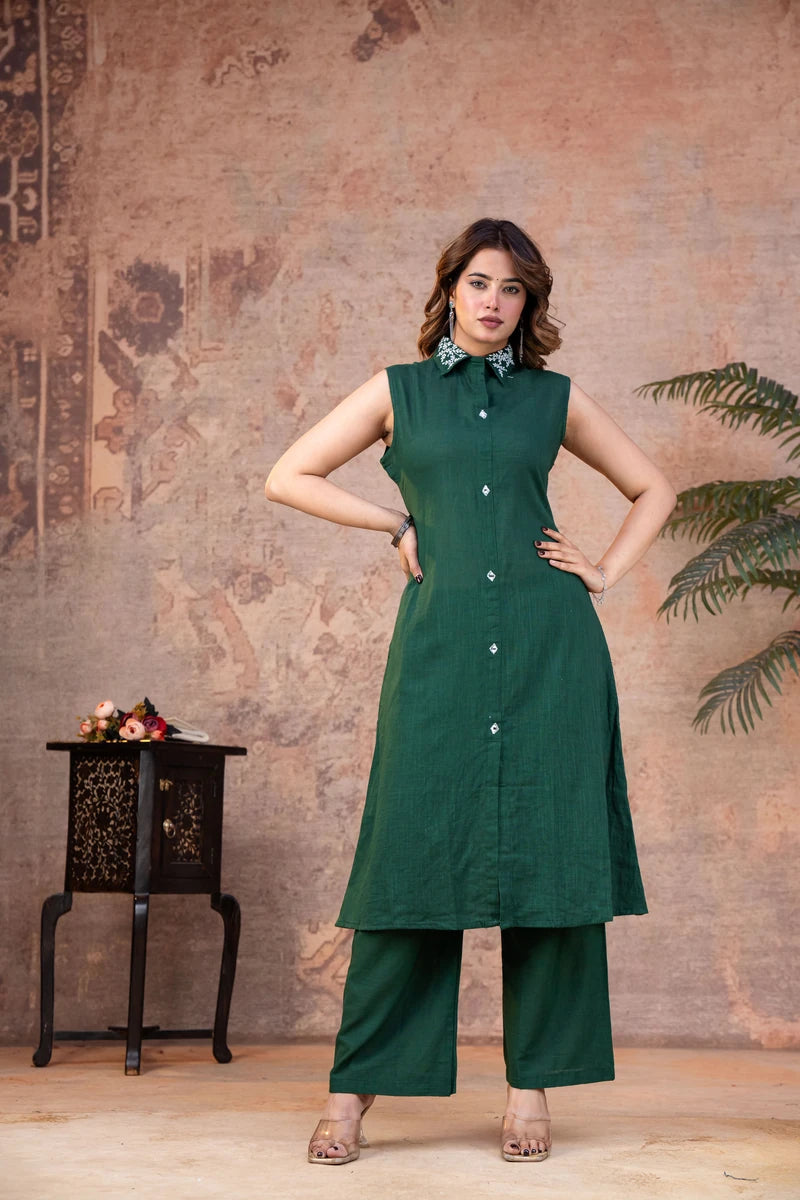 Emerald Green Cotton Sleeveless Co-ord Set with Embroidered Collar