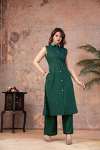 Emerald Green Cotton Sleeveless Co-ord Set with Embroidered Collar