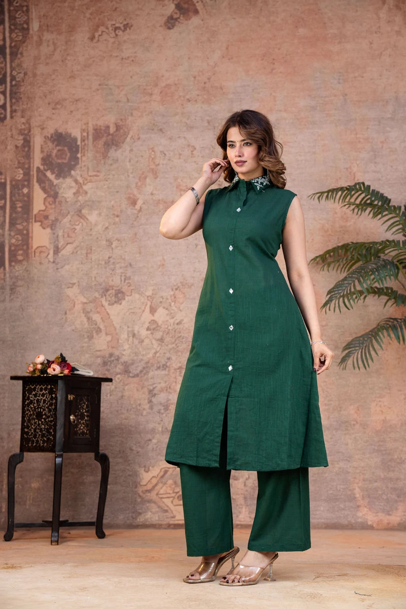 Emerald Green Cotton Sleeveless Co-ord Set with Embroidered Collar