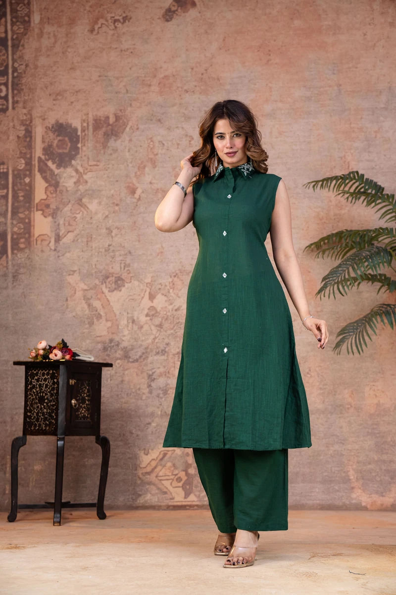Emerald Green Cotton Sleeveless Co-ord Set with Embroidered Collar