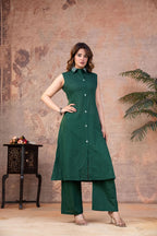 Emerald Green Cotton Sleeveless Co-ord Set with Embroidered Collar