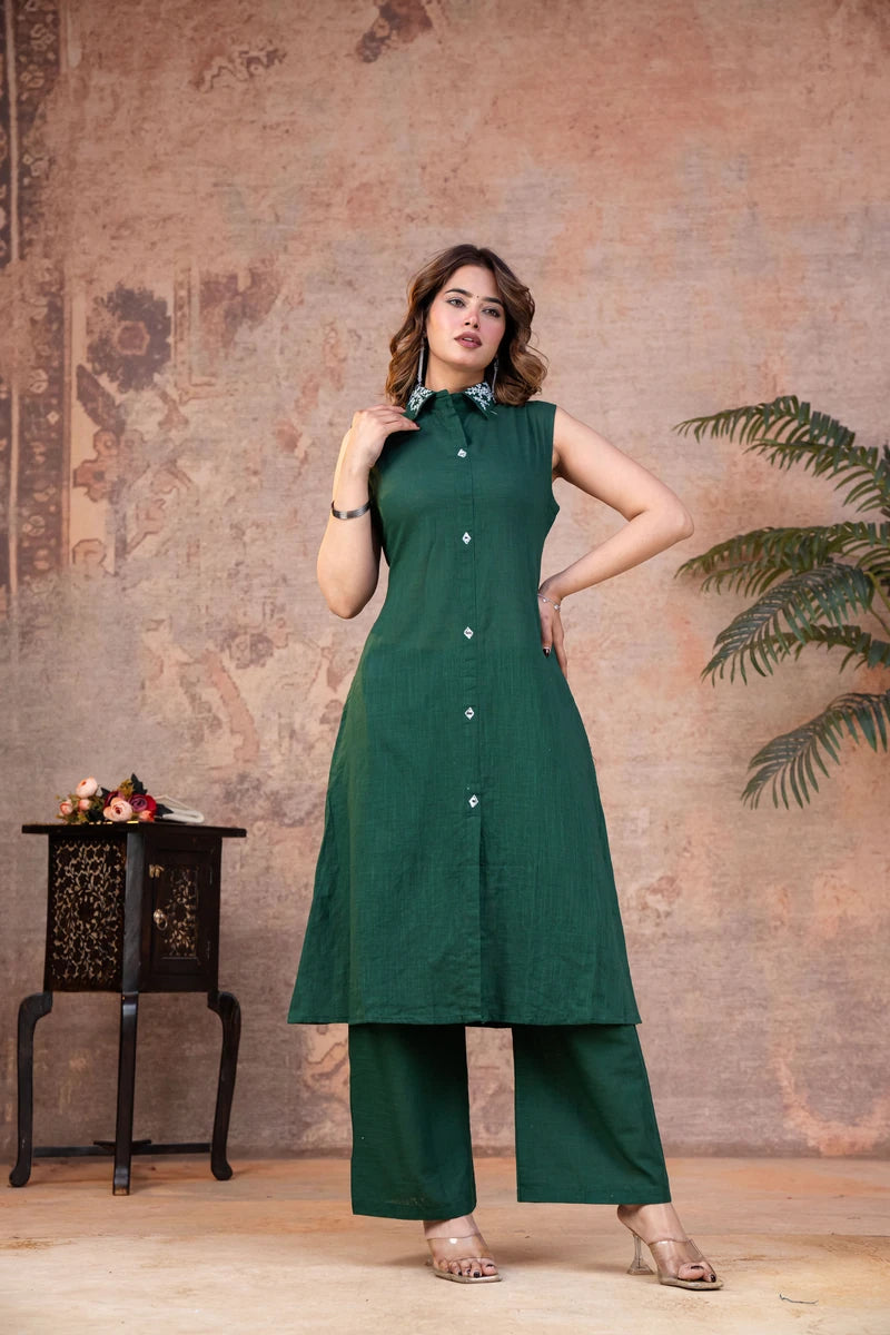 Emerald Green Cotton Sleeveless Co-ord Set with Embroidered Collar