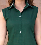 Emerald Green Cotton Sleeveless Co-ord Set with Embroidered Collar