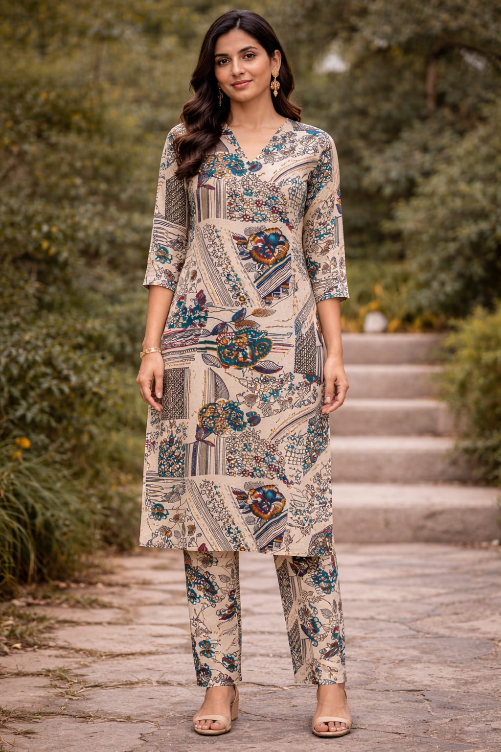 A woman stands outdoors on stone steps wearing a beige printed kurta and matching pants set. The outfit has a patchwork-style pattern with blue, green, and brown motifs on a light beige base.