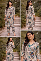 Teal Blue Floral Printed Cotton Kurta Set with Pants | Beige Ethnic Co-ord Set for Women