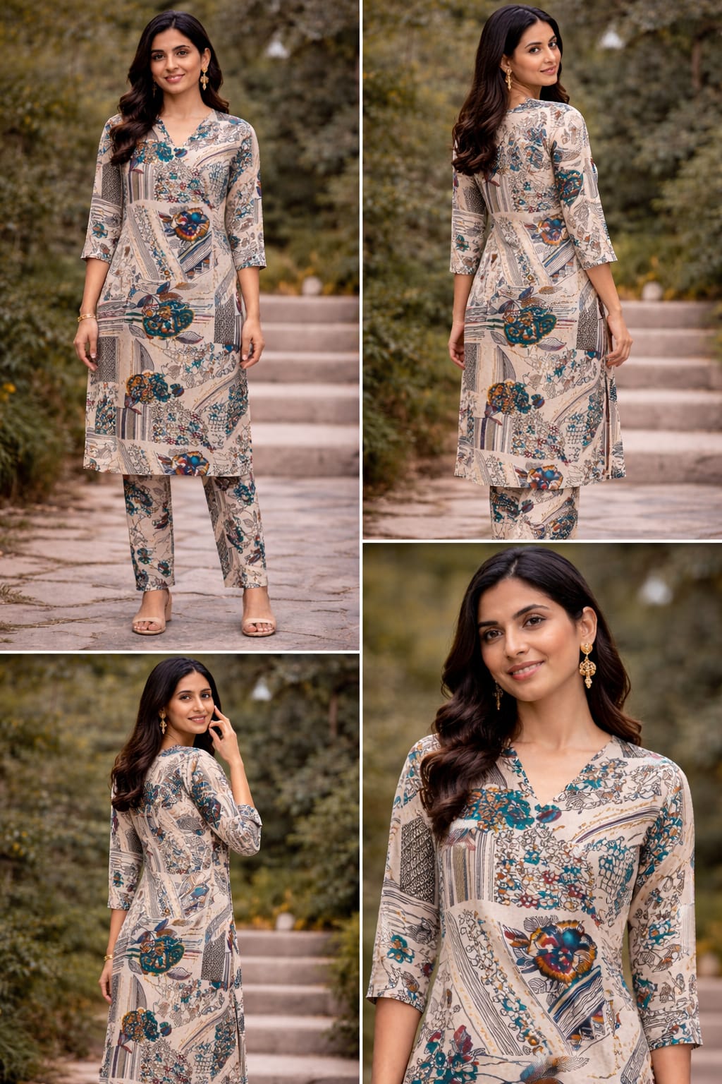 Teal Blue Floral Printed Cotton Kurta Set with Pants | Beige Ethnic Co-ord Set for Women