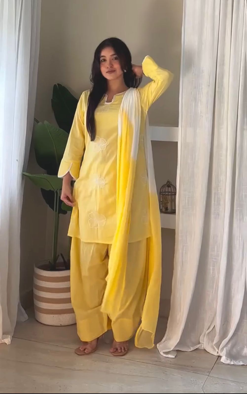 Vibrant Yellow Embroidered Kurta with Farsi Pants and Dual-Tone Dupatta